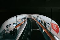 A metro train arriving at an underground station